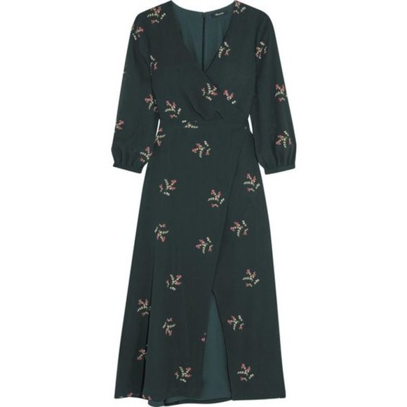 Madewell Night Flower Wrap-Effect Chiffon Dress, Dark Green, Size O - Picture 3 of 7